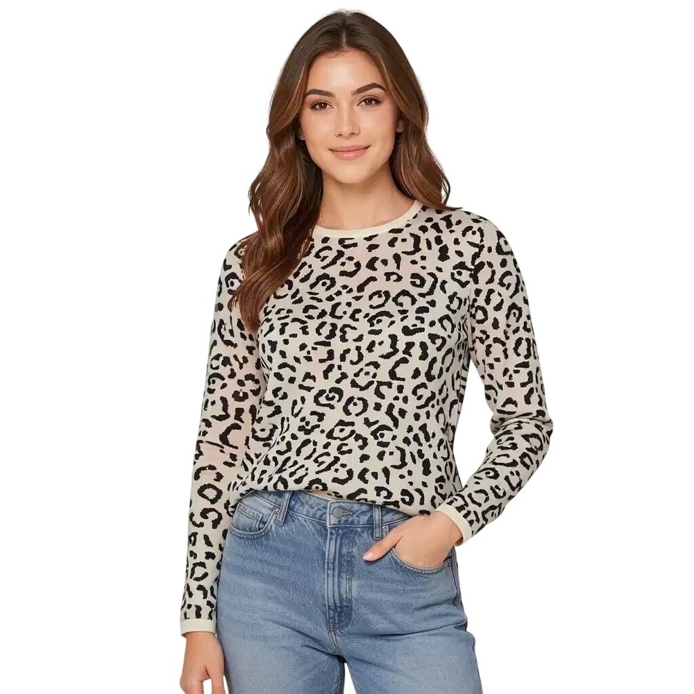 Ann Taylor Womens Leopard Print Crew Neck Sweater Ivory Black NWT Size L